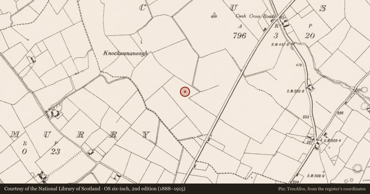 Ordnance Survey six-inch map, 2nd edition (1888–1915) covering the location of Barrow - ditch barrow, Cush, County Limerick, with a pin at the register's coordinates