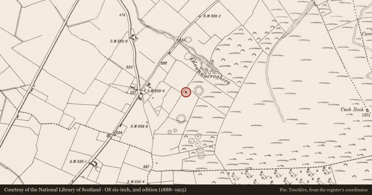 Ordnance Survey six-inch map, 2nd edition (1888–1915) covering the location of Ringfort - rath, Cush, County Limerick, with a pin at the register's coordinates
