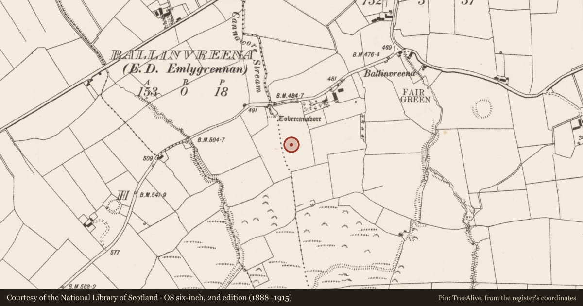 Ordnance Survey six-inch map, 2nd edition (1888–1915) covering the location of Earthwork, Ballinvreena, County Limerick, with a pin at the register's coordinates