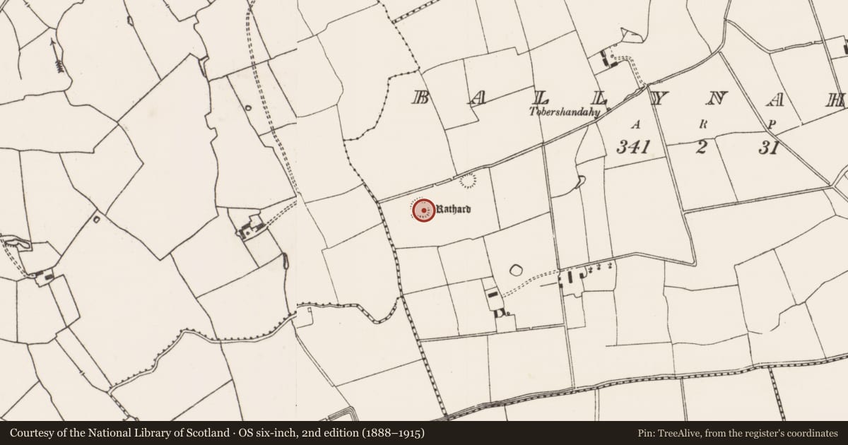 Ordnance Survey six-inch map, 2nd edition (1888–1915) covering the location of Ringfort - rath, Ballynahown, County Limerick, with a pin at the register's coordinates