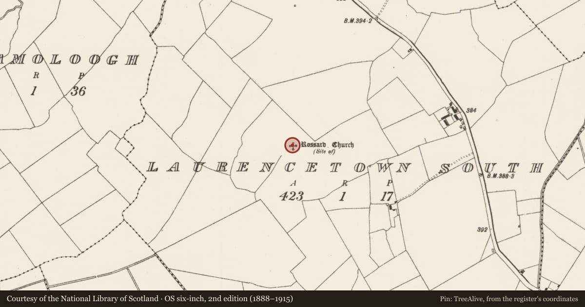 Ordnance Survey six-inch map, 2nd edition (1888–1915) covering the location of Church, Laurencetown South, County Limerick, with a pin at the register's coordinates