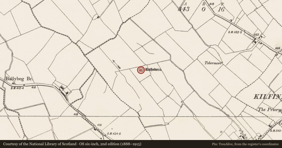 Ordnance Survey six-inch map, 2nd edition (1888–1915) covering the location of Mound, Ballyroe Lower, County Limerick, with a pin at the register's coordinates
