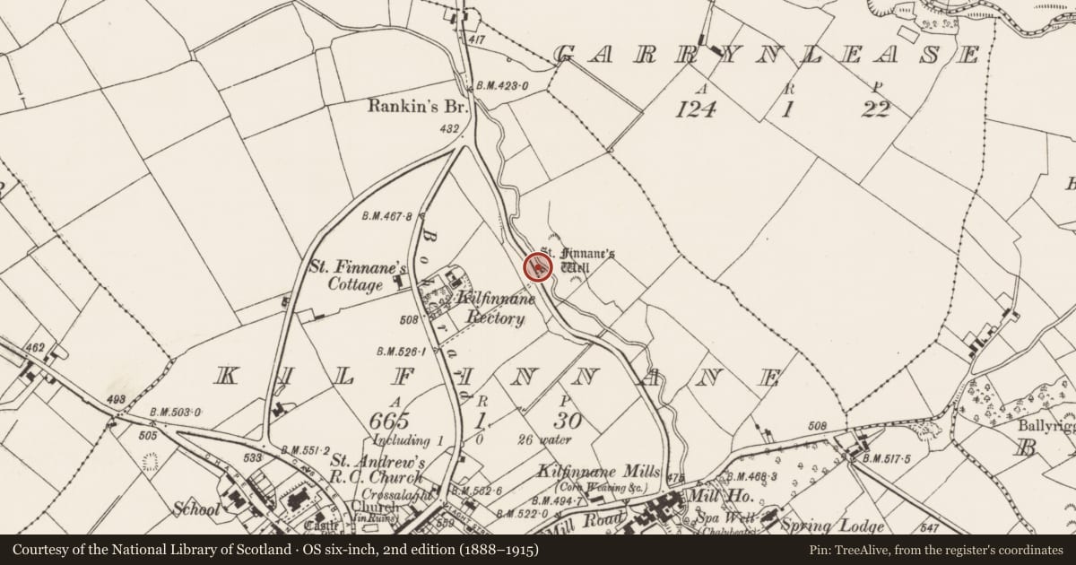 Ordnance Survey six-inch map, 2nd edition (1888–1915) covering the location of Ritual site - holy well, Kilfinnane, County Limerick, with a pin at the register's coordinates