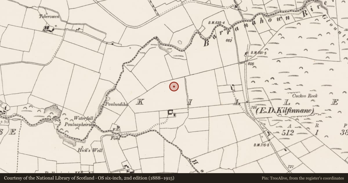 Ordnance Survey six-inch map, 2nd edition (1888–1915) covering the location of Earthwork, Killeen, County Limerick, with a pin at the register's coordinates