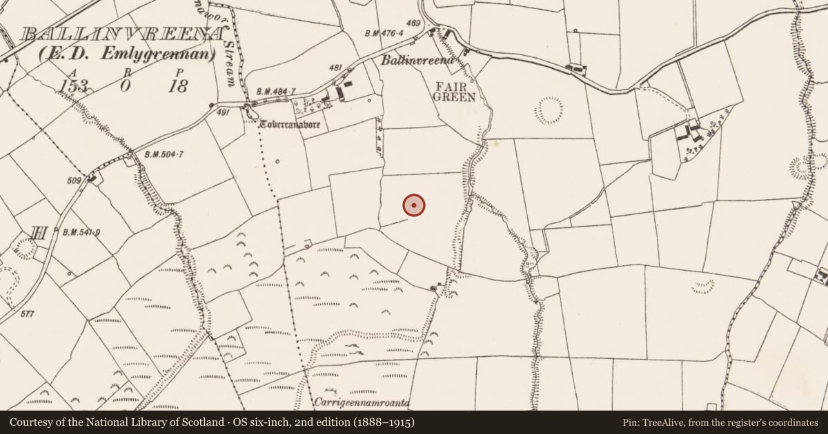 Ordnance Survey six-inch map, 2nd edition (1888–1915) covering the location of Earthwork, Ballinvreena, County Limerick, with a pin at the register's coordinates