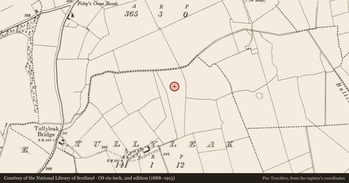 Ordnance Survey six-inch map, 2nd edition (1888–1915) covering the location of Barrow - ditch barrow, Tullyleak, County Limerick, with a pin at the register's coordinates