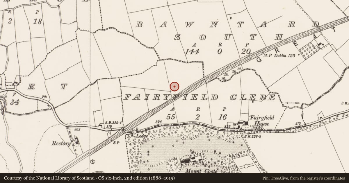 Ordnance Survey six-inch map, 2nd edition (1888–1915) covering the location of Barrow - ditch barrow, Fairyfield Glebe, County Limerick, with a pin at the register's coordinates