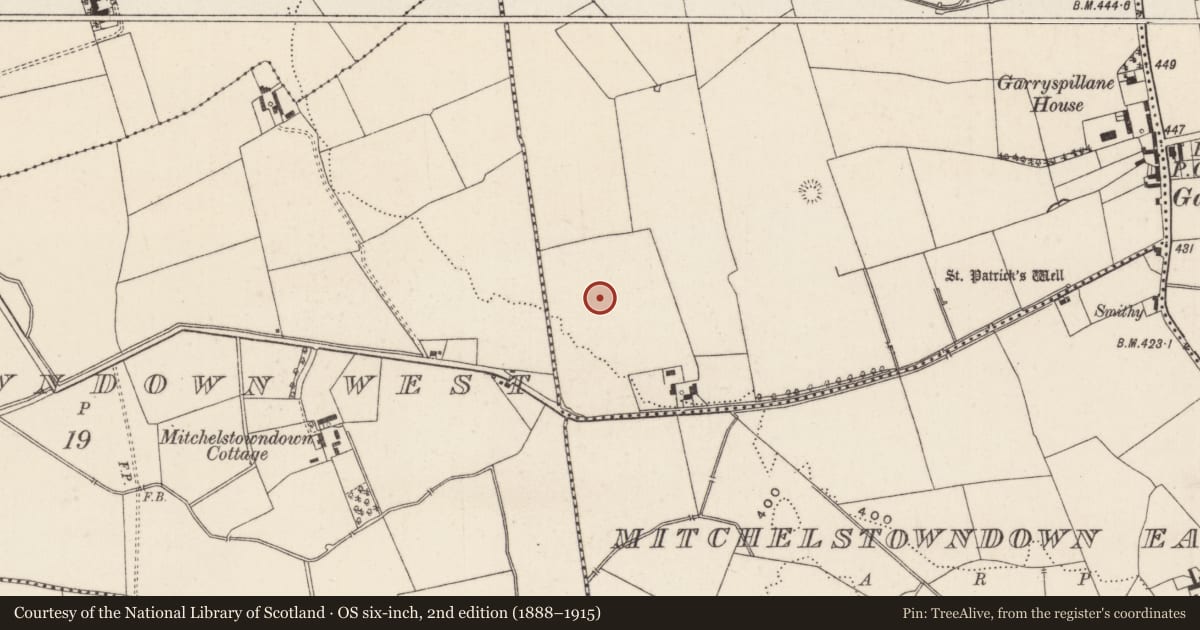 Ordnance Survey six-inch map, 2nd edition (1888–1915) covering the location of Earthwork, Raheennamadra, County Limerick, with a pin at the register's coordinates