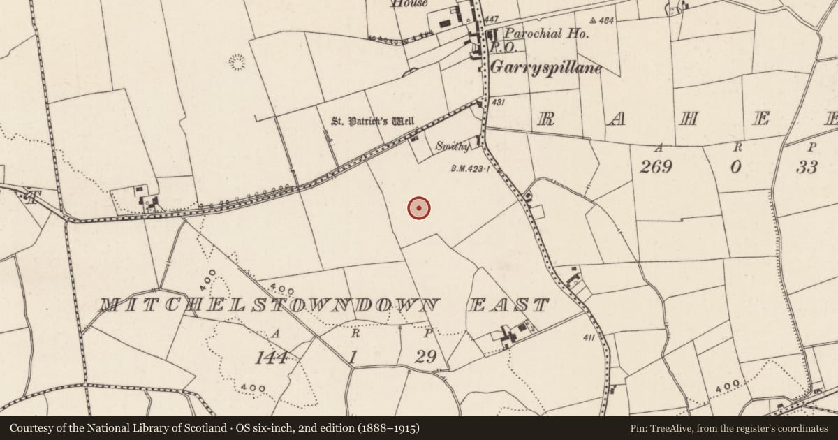 Ordnance Survey six-inch map, 2nd edition (1888–1915) covering the location of Hearth, Mitchelstowndown East, County Limerick, with a pin at the register's coordinates