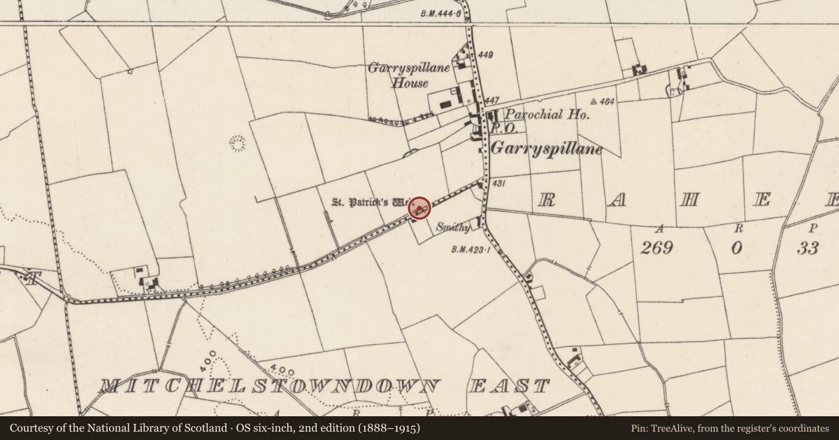 Ordnance Survey six-inch map, 2nd edition (1888–1915) covering the location of Ritual site - holy well, Raheennamadra, County Limerick, with a pin at the register's coordinates
