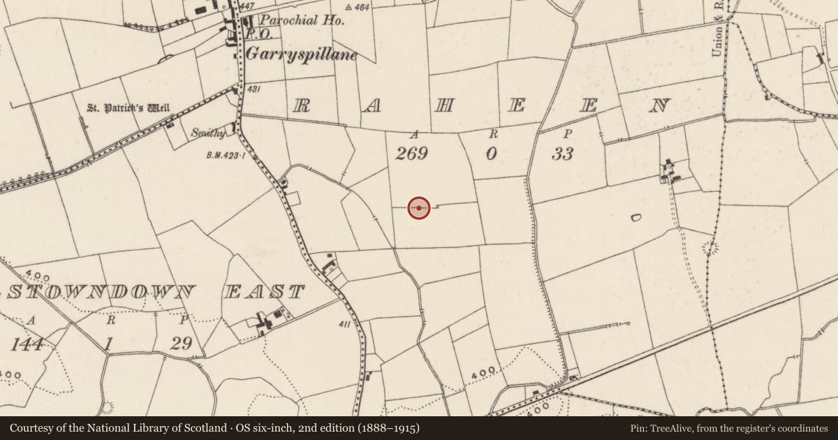 Ordnance Survey six-inch map, 2nd edition (1888–1915) covering the location of Earthwork, Raheen, County Limerick, with a pin at the register's coordinates