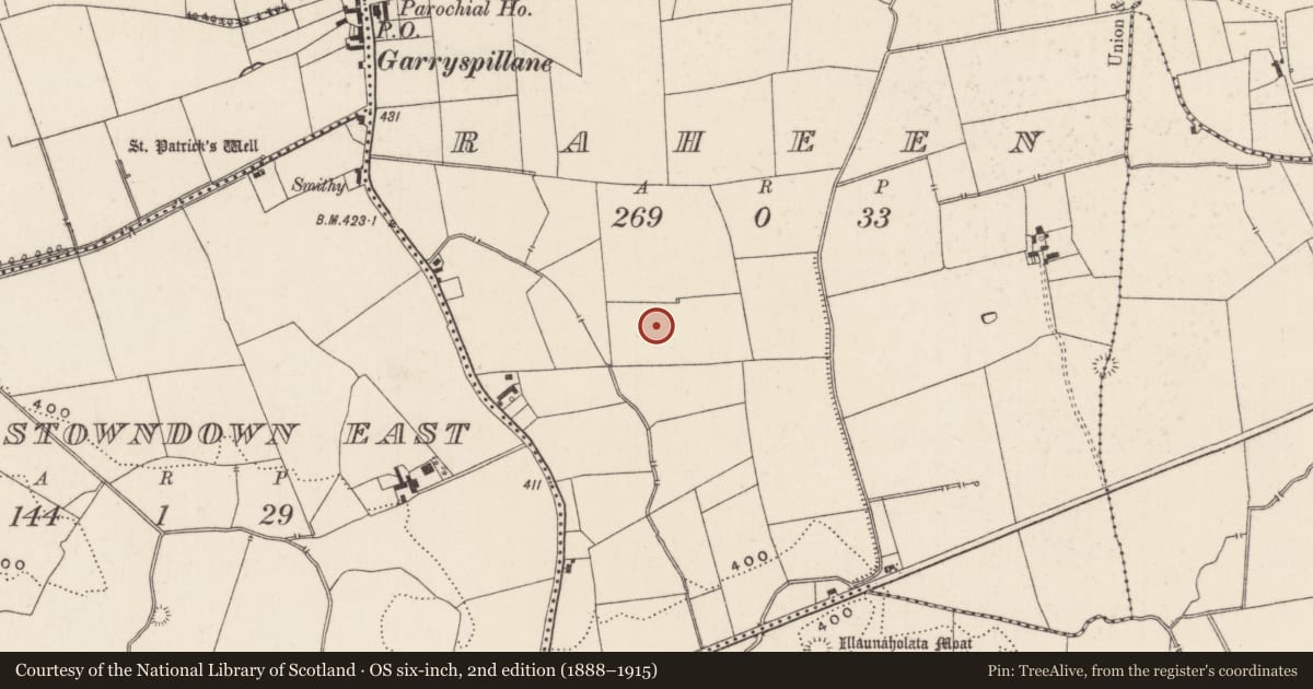 Ordnance Survey six-inch map, 2nd edition (1888–1915) covering the location of Barrow - ditch barrow, Raheen, County Limerick, with a pin at the register's coordinates