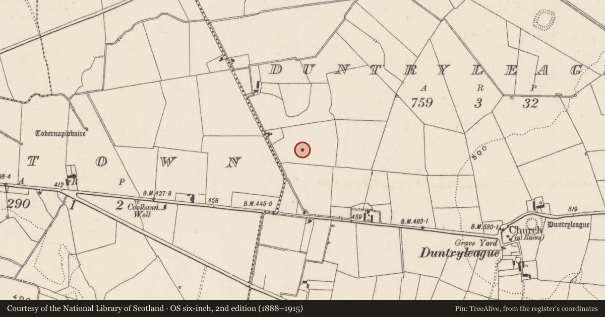 Ordnance Survey six-inch map, 2nd edition (1888–1915) covering the location of Barrow - ditch barrow, Duntryleague, County Limerick, with a pin at the register's coordinates