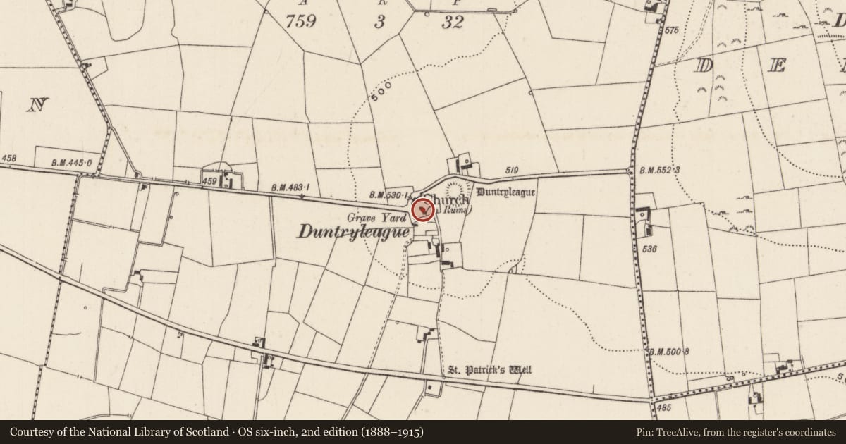 Ordnance Survey six-inch map, 2nd edition (1888–1915) covering the location of Chapel, Duntryleague, County Limerick, with a pin at the register's coordinates