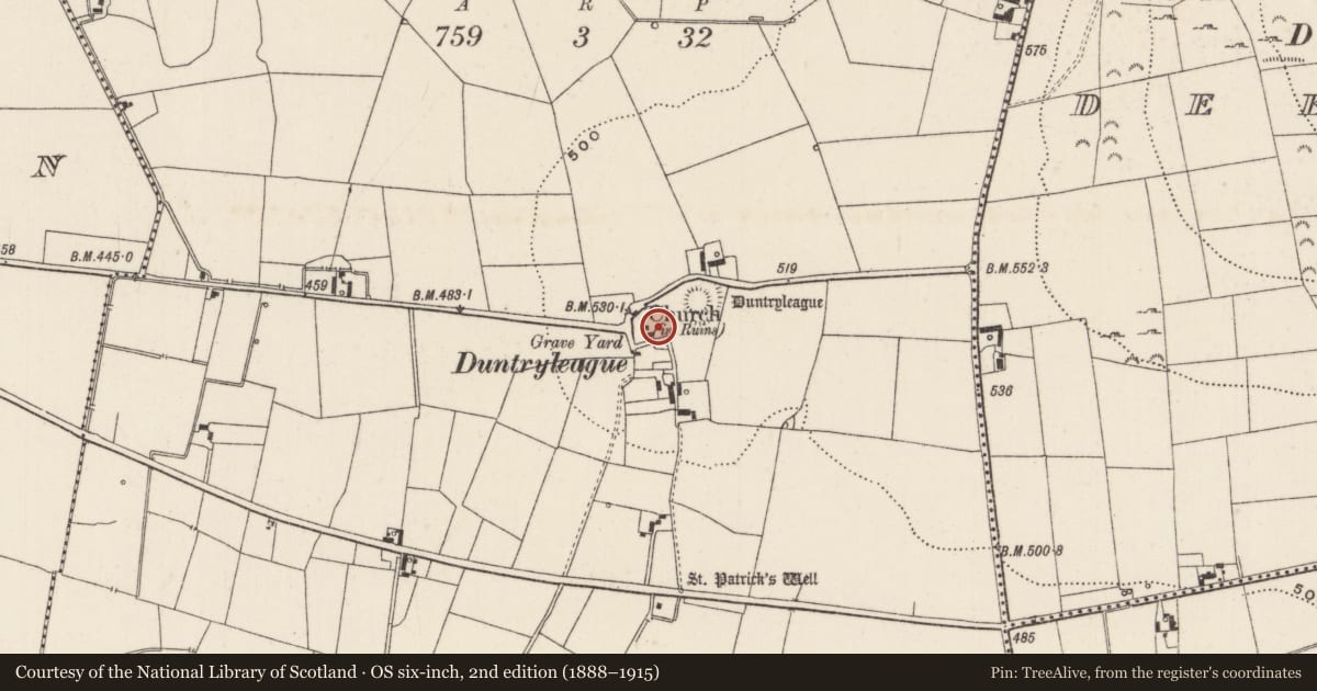 Ordnance Survey six-inch map, 2nd edition (1888–1915) covering the location of Graveyard, Duntryleague, County Limerick, with a pin at the register's coordinates