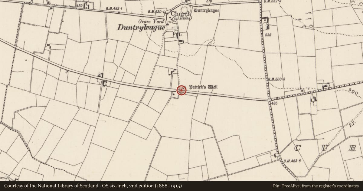 Ordnance Survey six-inch map, 2nd edition (1888–1915) covering the location of Ritual site - holy well, Duntryleague, County Limerick, with a pin at the register's coordinates