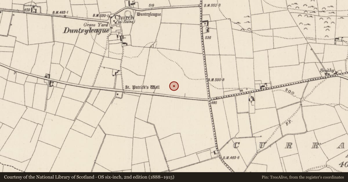 Ordnance Survey six-inch map, 2nd edition (1888–1915) covering the location of Earthwork, Duntryleague, County Limerick, with a pin at the register's coordinates