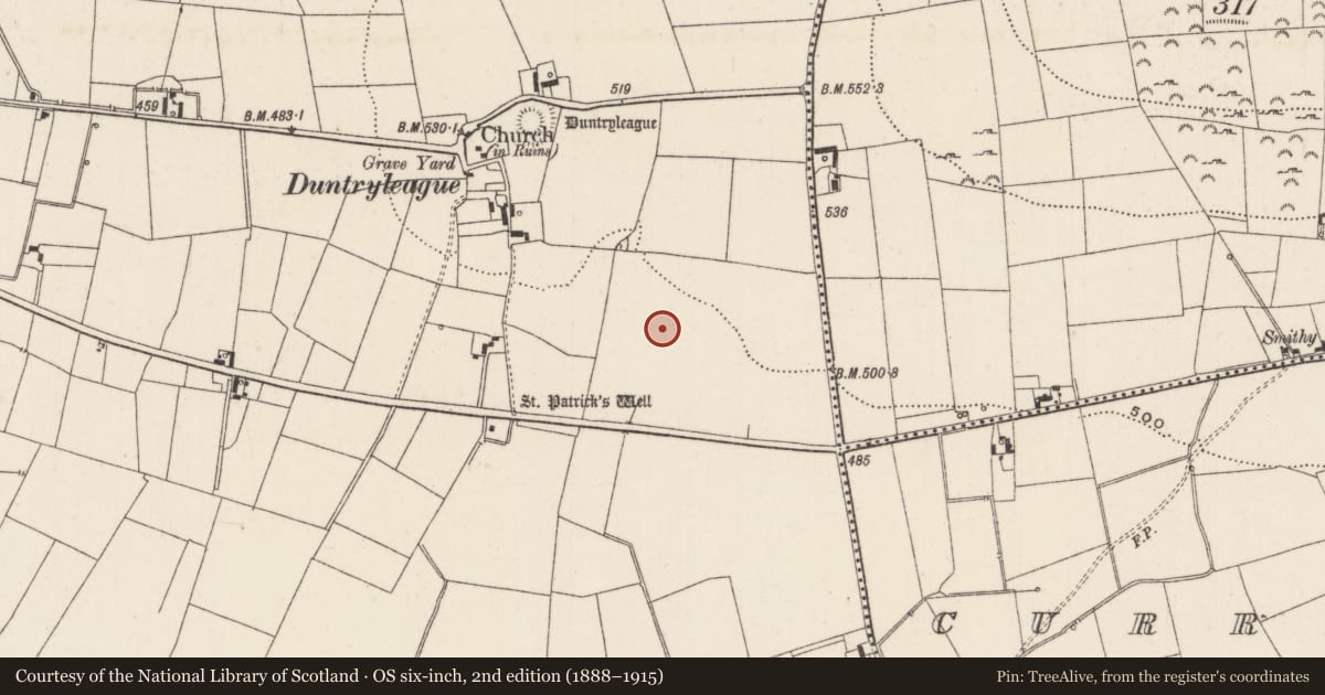 Ordnance Survey six-inch map, 2nd edition (1888–1915) covering the location of Enclosure, Duntryleague, County Limerick, with a pin at the register's coordinates