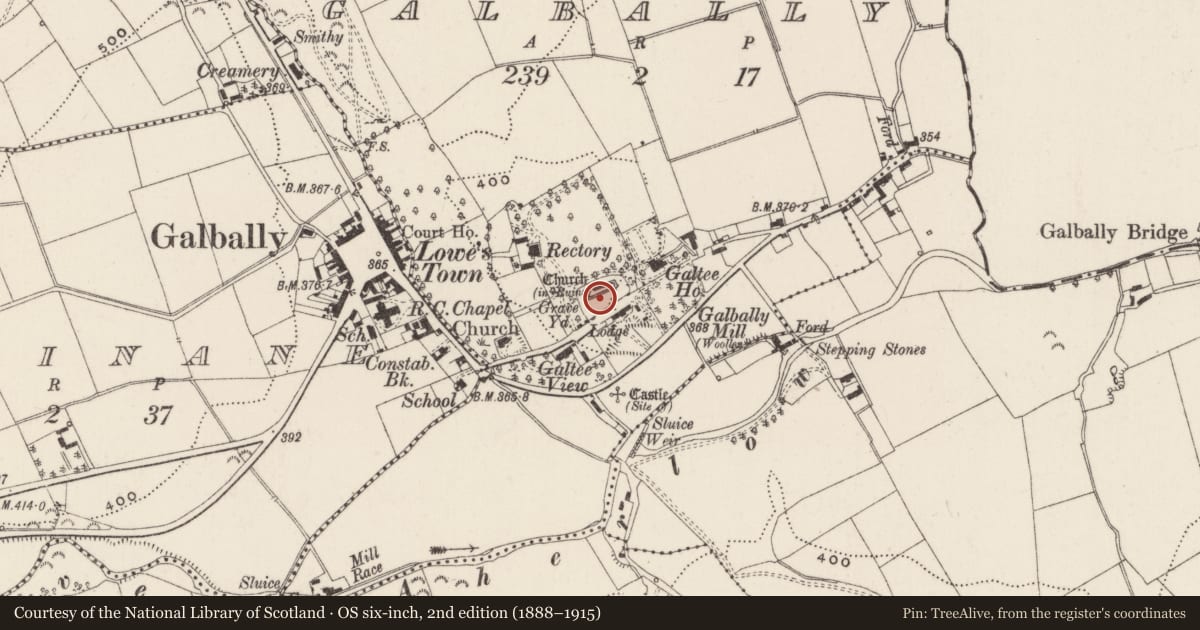 Ordnance Survey six-inch map, 2nd edition (1888–1915) covering the location of Graveyard, Galbally, County Limerick, with a pin at the register's coordinates