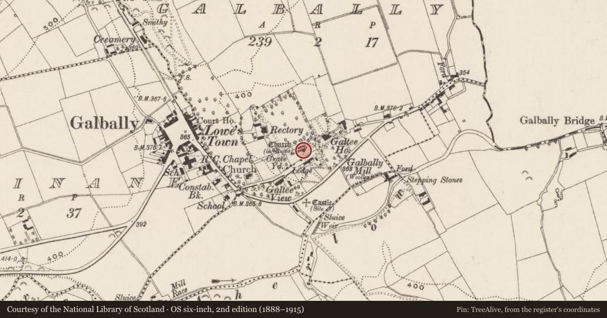 Ordnance Survey six-inch map, 2nd edition (1888–1915) covering the location of Architectural fragment, Galbally, County Limerick, with a pin at the register's coordinates