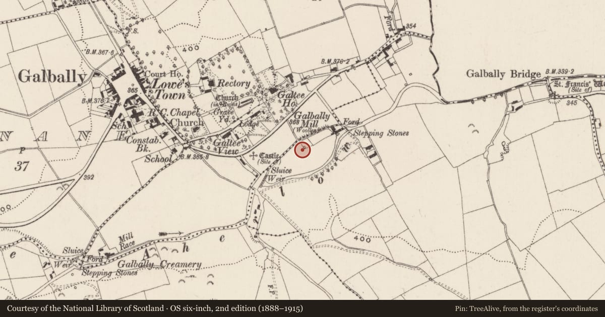 Ordnance Survey six-inch map, 2nd edition (1888–1915) covering the location of Water mill - unclassified, Galbally, County Limerick, with a pin at the register's coordinates