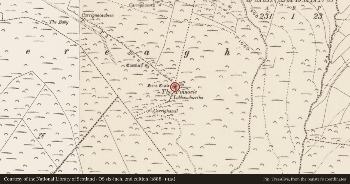Ordnance Survey six-inch map, 2nd edition (1888–1915) covering the location of Cairn - burial cairn, Glenlary, County Limerick, with a pin at the register's coordinates