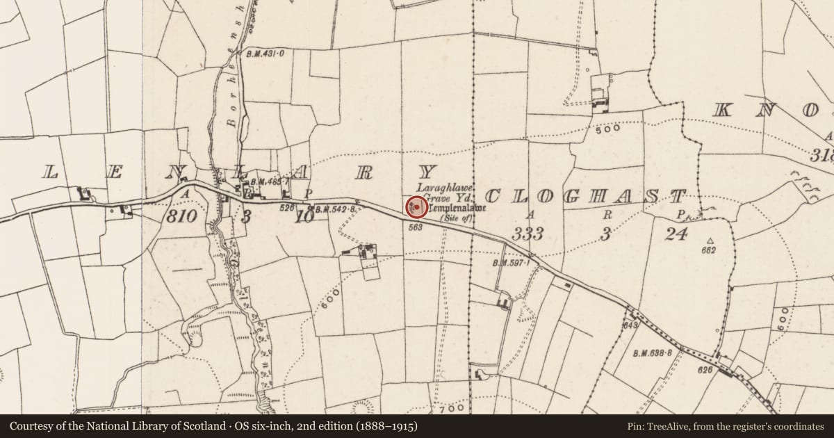 Ordnance Survey six-inch map, 2nd edition (1888–1915) covering the location of Church, Glenlary, County Limerick, with a pin at the register's coordinates