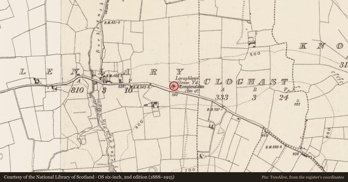 Ordnance Survey six-inch map, 2nd edition (1888–1915) covering the location of Graveyard, Glenlary, County Limerick, with a pin at the register's coordinates