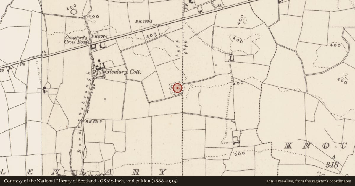 Ordnance Survey six-inch map, 2nd edition (1888–1915) covering the location of Moated site, Glenlary, County Limerick, with a pin at the register's coordinates