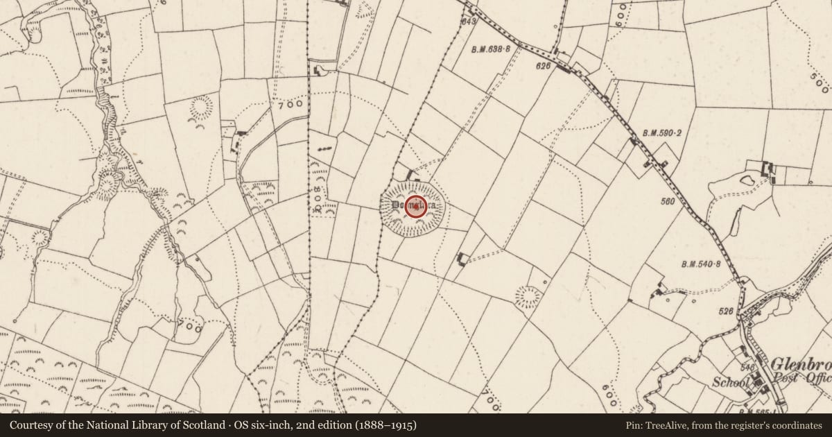 Ordnance Survey six-inch map, 2nd edition (1888–1915) covering the location of Hillfort, Glenbrohane, County Limerick, with a pin at the register's coordinates