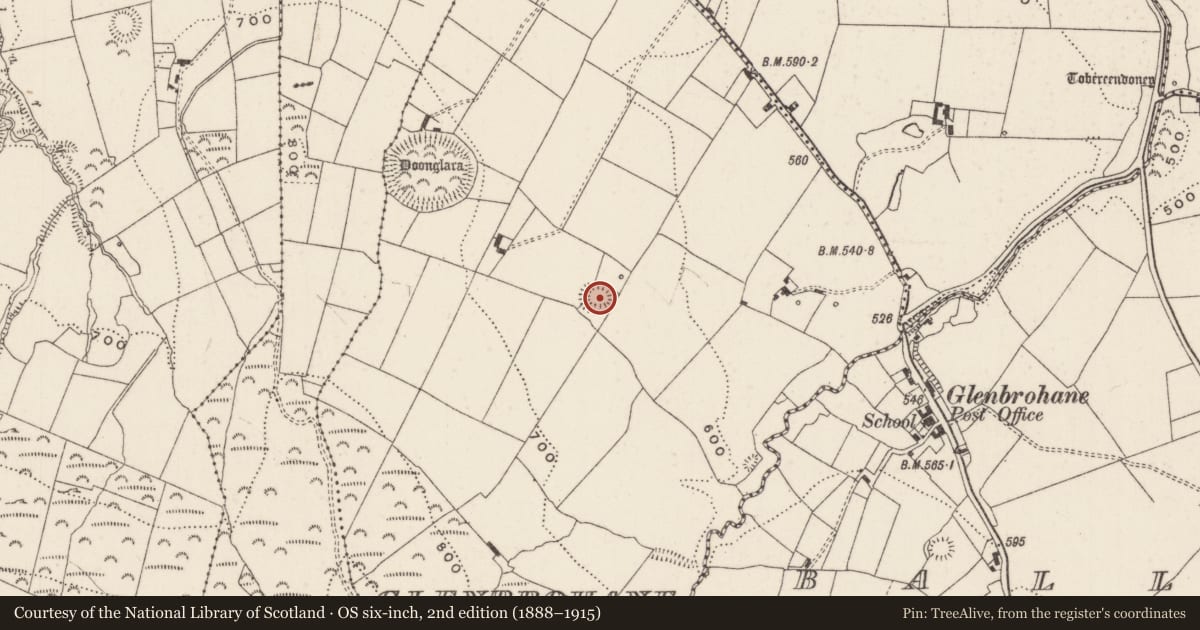 Ordnance Survey six-inch map, 2nd edition (1888–1915) covering the location of Earthwork, Glenbrohane, County Limerick, with a pin at the register's coordinates