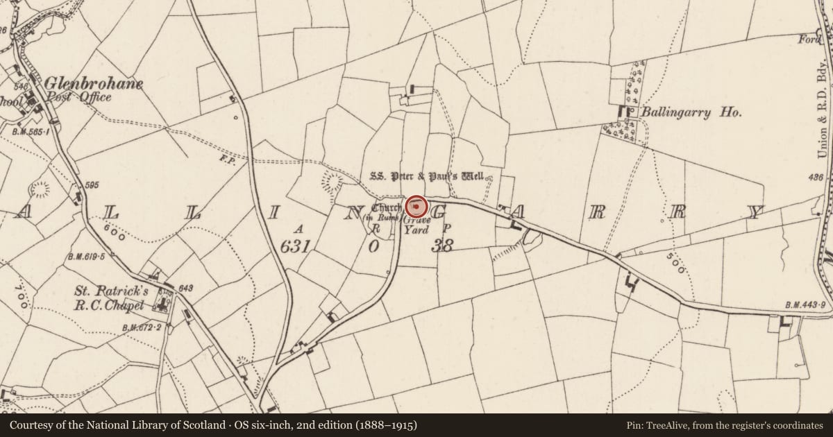 Ordnance Survey six-inch map, 2nd edition (1888–1915) covering the location of Church, Ballingarry, County Limerick, with a pin at the register's coordinates