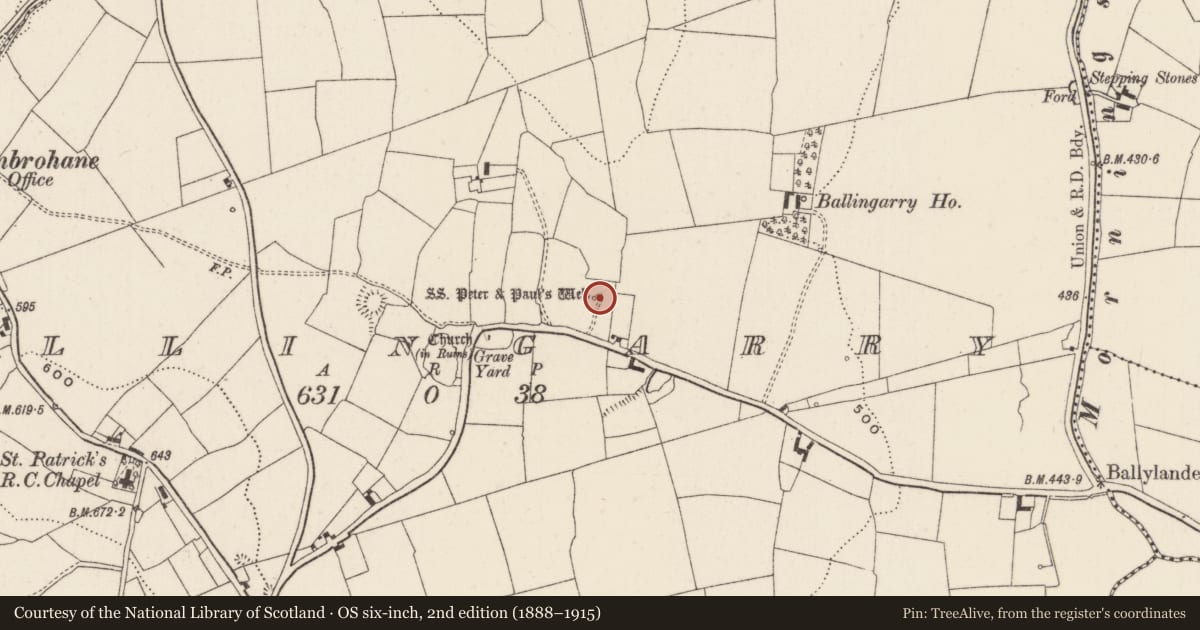 Ordnance Survey six-inch map, 2nd edition (1888–1915) covering the location of Ritual site - holy well, Ballingarry, County Limerick, with a pin at the register's coordinates