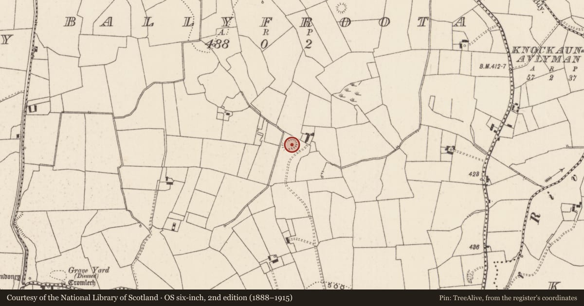 Ordnance Survey six-inch map, 2nd edition (1888–1915) covering the location of Earthwork, Ballyfroota, County Limerick, with a pin at the register's coordinates