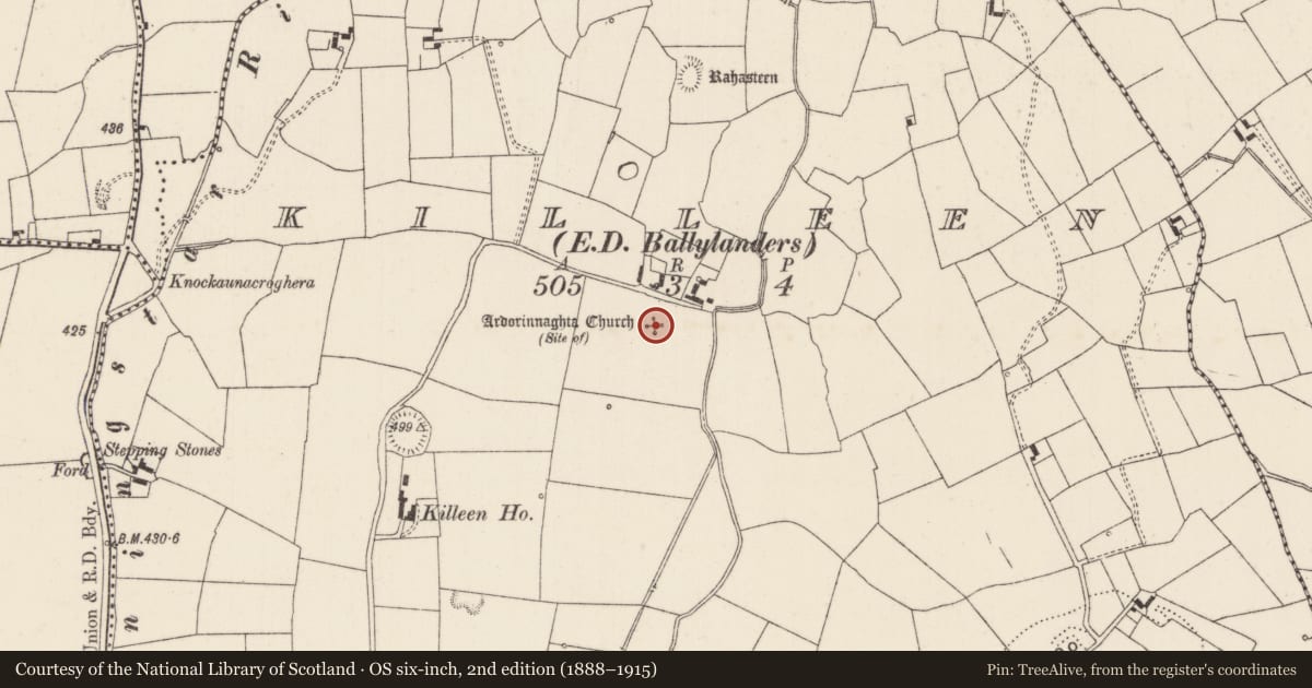 Ordnance Survey six-inch map, 2nd edition (1888–1915) covering the location of Church, Killeen, County Limerick, with a pin at the register's coordinates