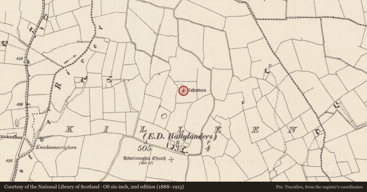 Ordnance Survey six-inch map, 2nd edition (1888–1915) covering the location of Enclosure, Killeen, County Limerick, with a pin at the register's coordinates