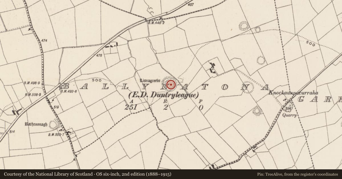 Ordnance Survey six-inch map, 2nd edition (1888–1915) covering the location of Concentric enclosure, Ballynatona, County Limerick, with a pin at the register's coordinates