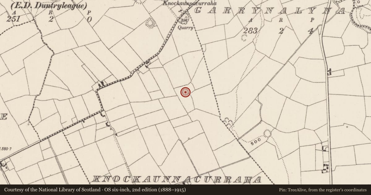 Ordnance Survey six-inch map, 2nd edition (1888–1915) covering the location of Enclosure, Knockaunnacurraha, County Limerick, with a pin at the register's coordinates