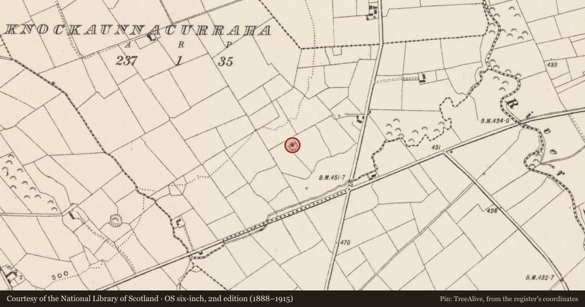Ordnance Survey six-inch map, 2nd edition (1888–1915) covering the location of Earthwork, Knockaunnacurraha, County Limerick, with a pin at the register's coordinates