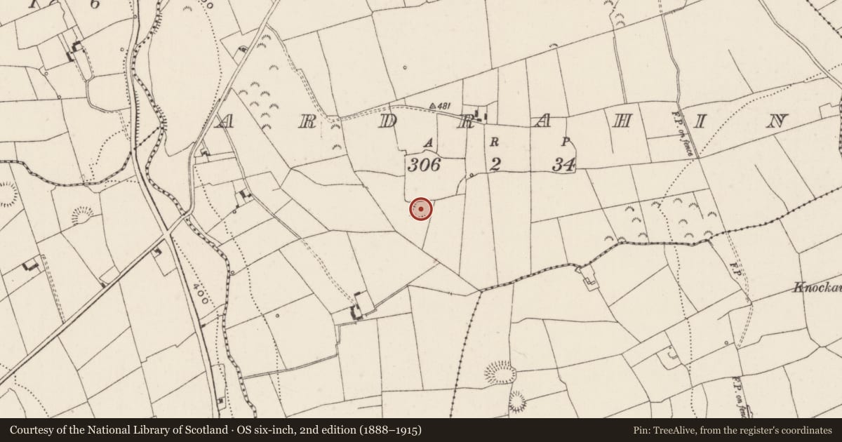 Ordnance Survey six-inch map, 2nd edition (1888–1915) covering the location of Earthwork, Ardrahin, County Limerick, with a pin at the register's coordinates