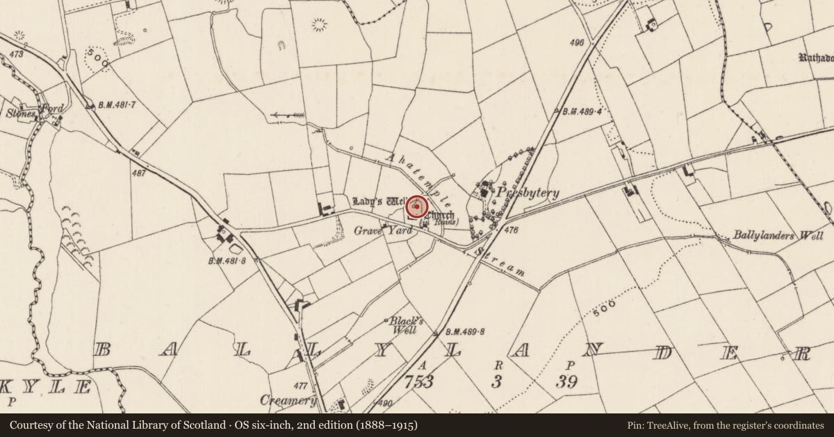 Ordnance Survey six-inch map, 2nd edition (1888–1915) covering the location of Ritual site - holy well, Ballylanders, County Limerick, with a pin at the register's coordinates