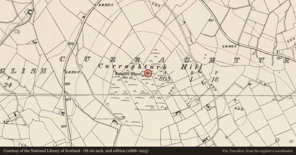 Ordnance Survey six-inch map, 2nd edition (1888–1915) covering the location of Church, Curraghturk, County Limerick, with a pin at the register's coordinates