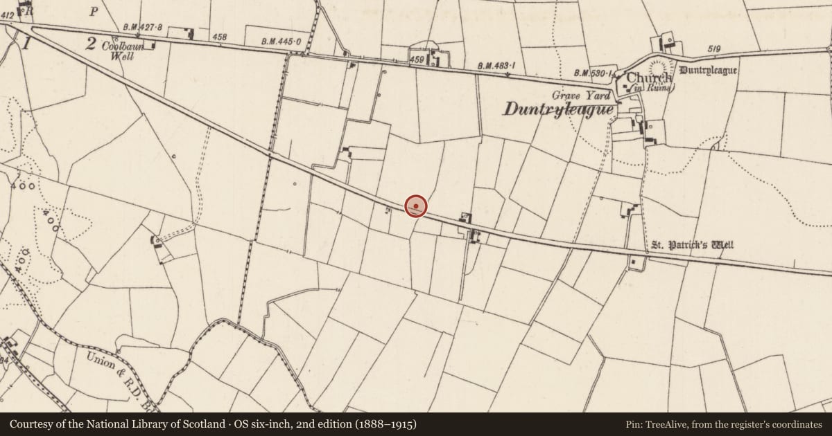 Ordnance Survey six-inch map, 2nd edition (1888–1915) covering the location of Barrow - unclassified, Duntryleague, County Limerick, with a pin at the register's coordinates