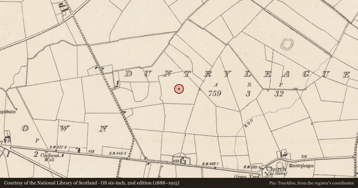 Ordnance Survey six-inch map, 2nd edition (1888–1915) covering the location of Barrow - ditch barrow, Duntryleague, County Limerick, with a pin at the register's coordinates