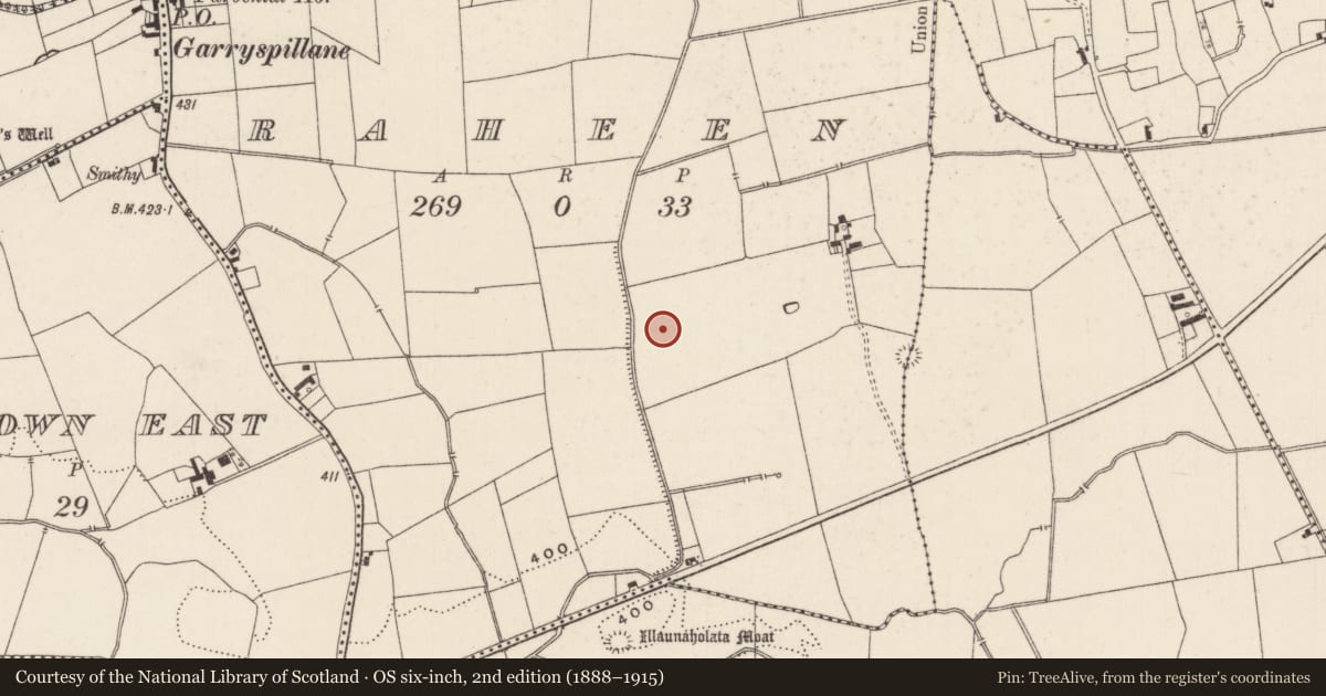 Ordnance Survey six-inch map, 2nd edition (1888–1915) covering the location of Barrow - unclassified, Raheen, County Limerick, with a pin at the register's coordinates