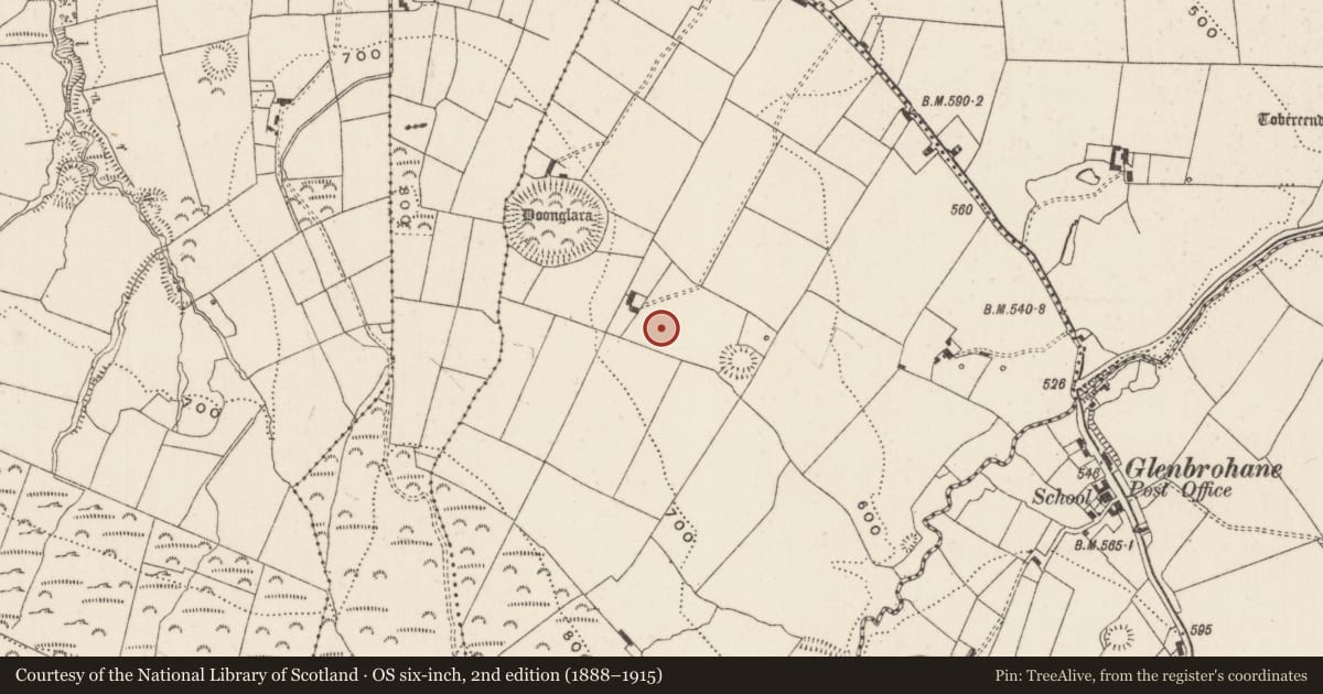 Ordnance Survey six-inch map, 2nd edition (1888–1915) covering the location of Enclosure, Glenbrohane, County Limerick, with a pin at the register's coordinates