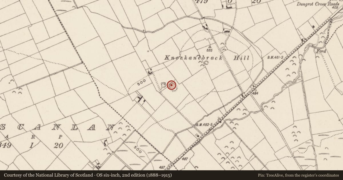 Ordnance Survey six-inch map, 2nd edition (1888–1915) covering the location of Earthwork, Knockanebrack, County Limerick, with a pin at the register's coordinates