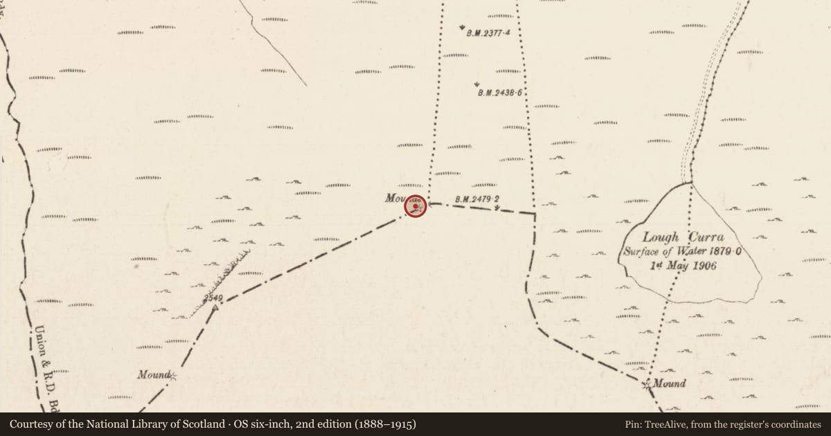 Ordnance Survey six-inch map, 2nd edition (1888–1915) covering the location of Cairn - boundary cairn, Lyre, Knocknagalty, County Limerick, with a pin at the register's coordinates
