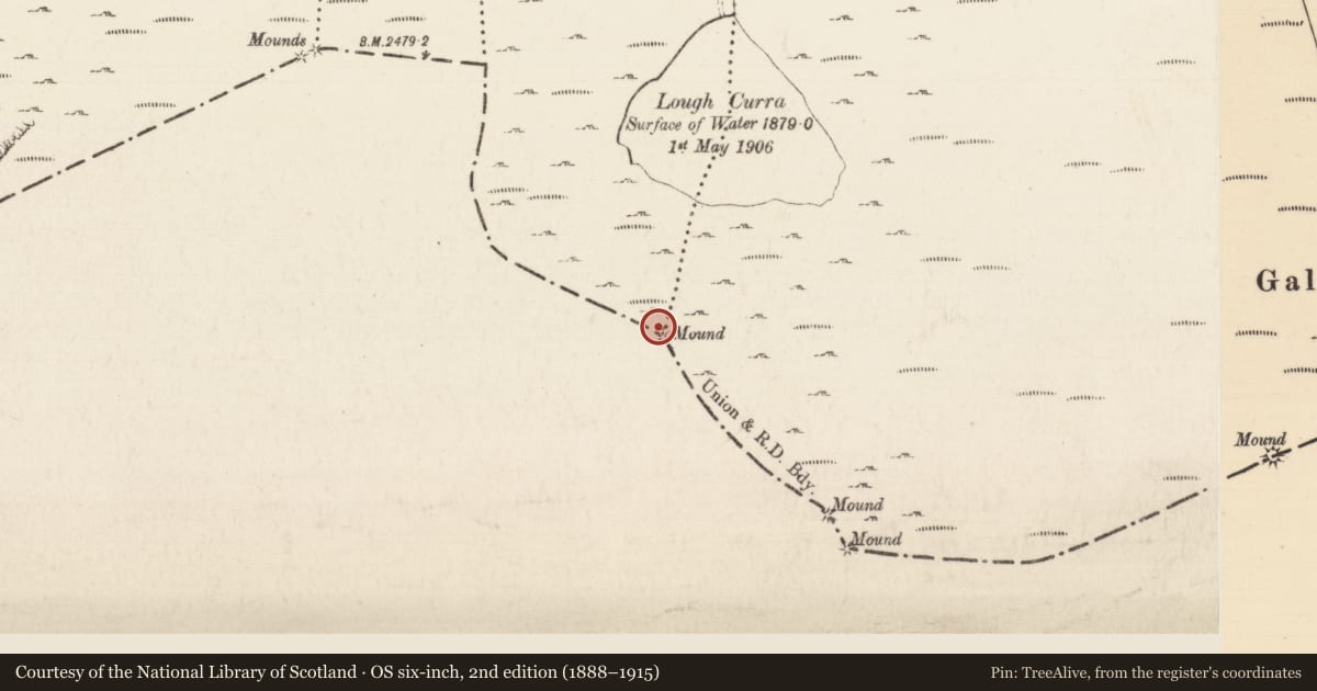 Ordnance Survey six-inch map, 2nd edition (1888–1915) covering the location of Cairn - boundary cairn, Knocknagalty, Moneynaboola, County Limerick, with a pin at the register's coordinates