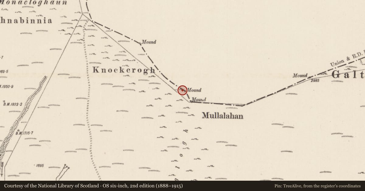 Ordnance Survey six-inch map, 2nd edition (1888–1915) covering the location of Cairn - boundary cairn, Knocknagalty, Drumleagh, County Limerick, with a pin at the register's coordinates